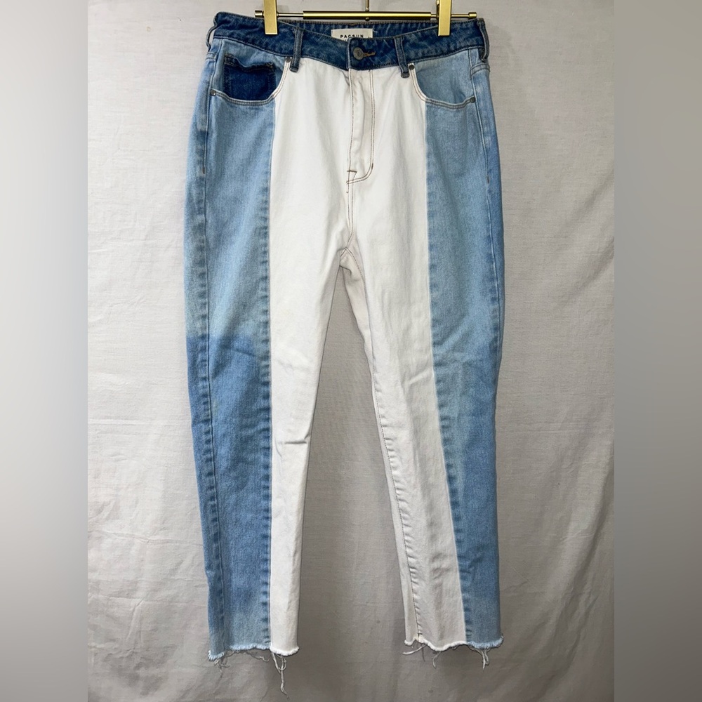 PacSun Two-Tone Straight Leg Jeans in Light Blue and White with Dark Blue Accent